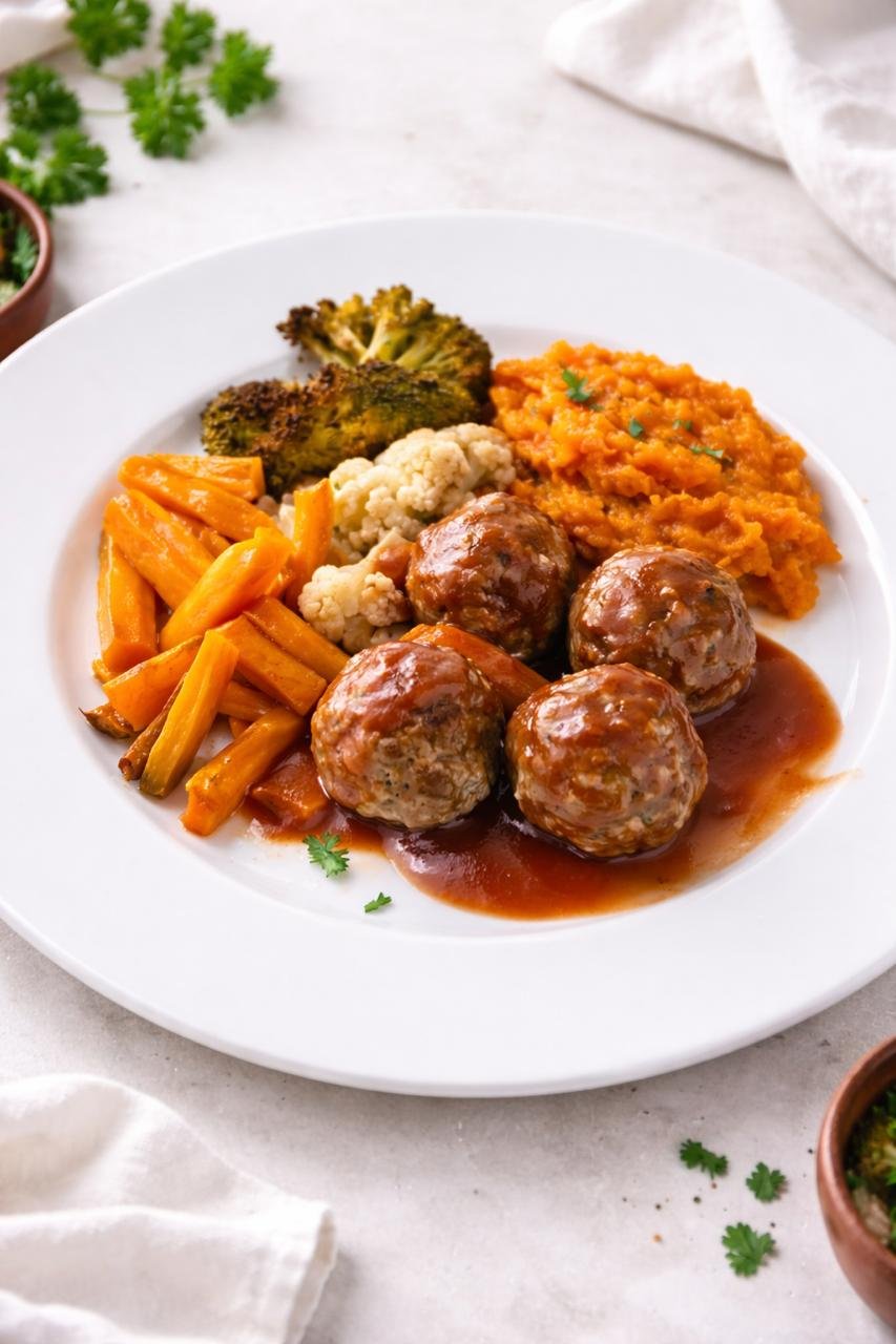 Almondegas &agrave; bolonhesa com legumes assados
