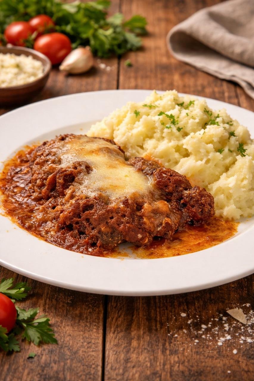 Bife a parmegiana com pur&ecirc;