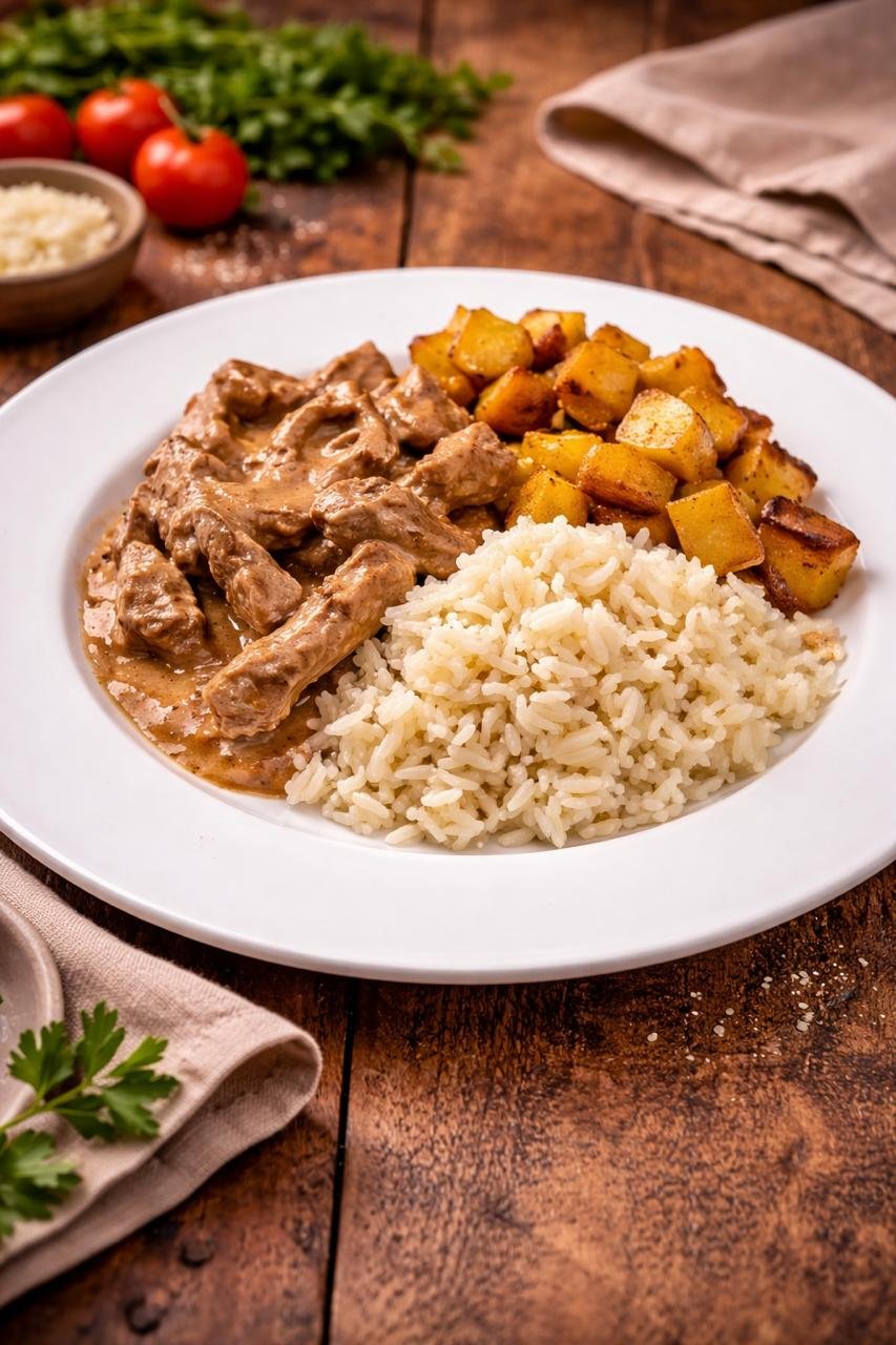 estrogonofe de carne com batatas e arroz