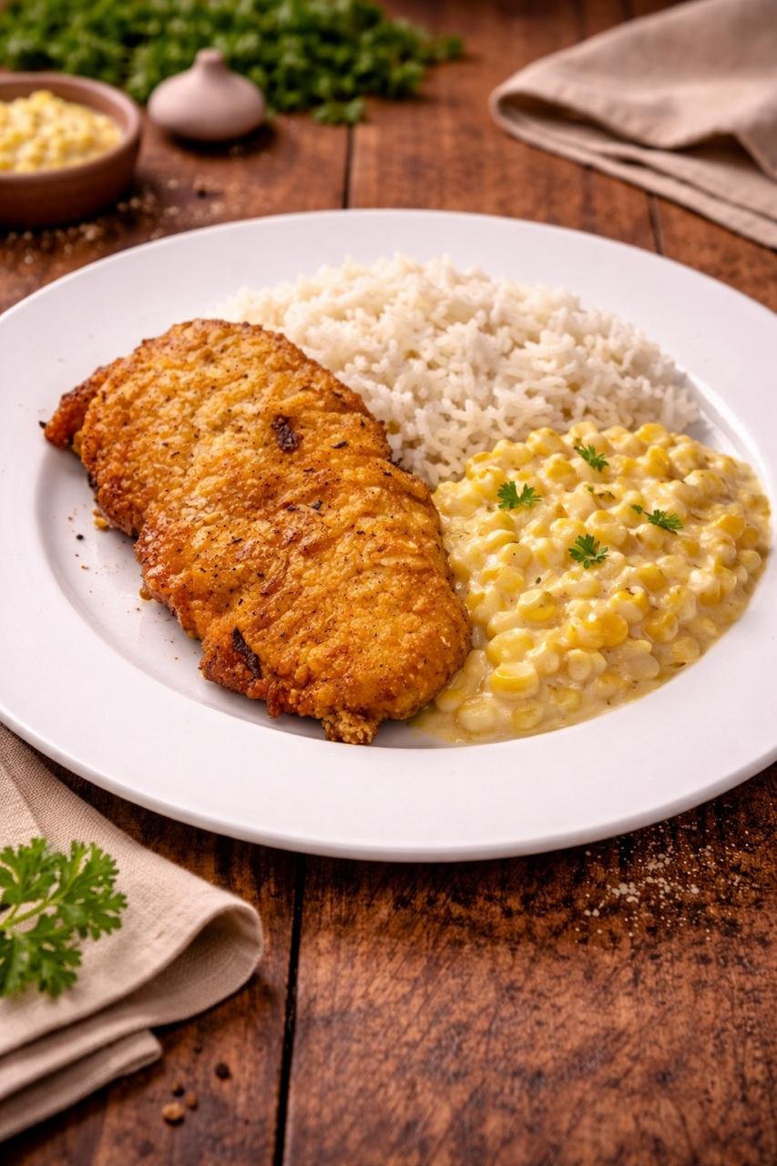 frango a milanesa com creme de milho e arroz