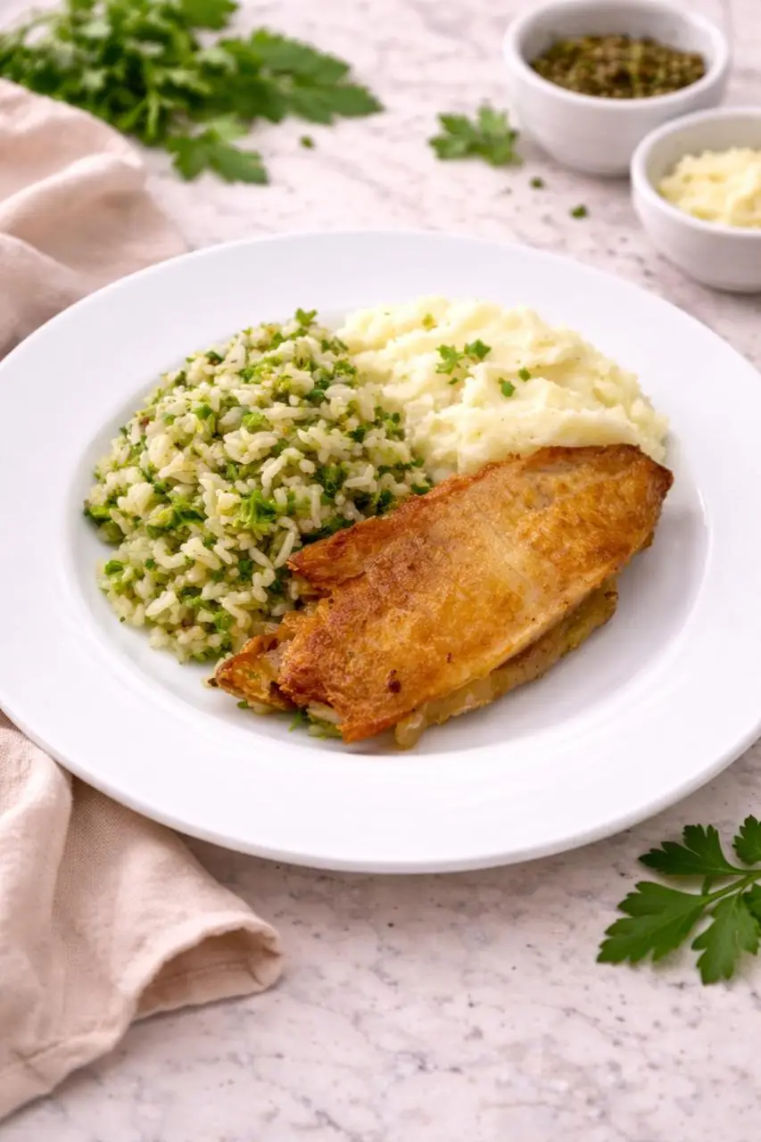 Filé de Pescada com Arroz de Brócolis e Purê de Batata